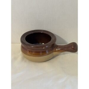 Vintage Brown Tan Drip Glaze Stoneware Onion Soup Crock Bowl w/ Handle USA